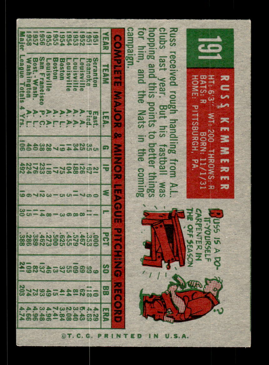 1959 Topps #191 Russ Kemmerer Washington Senators EXMT KC10009232