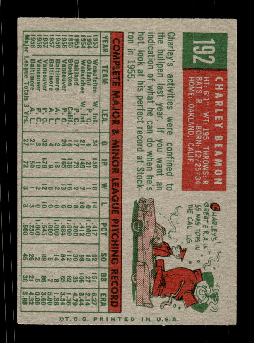 1959 Topps #192 Charley Beamon Baltimore Orioles EXMT KC10009233