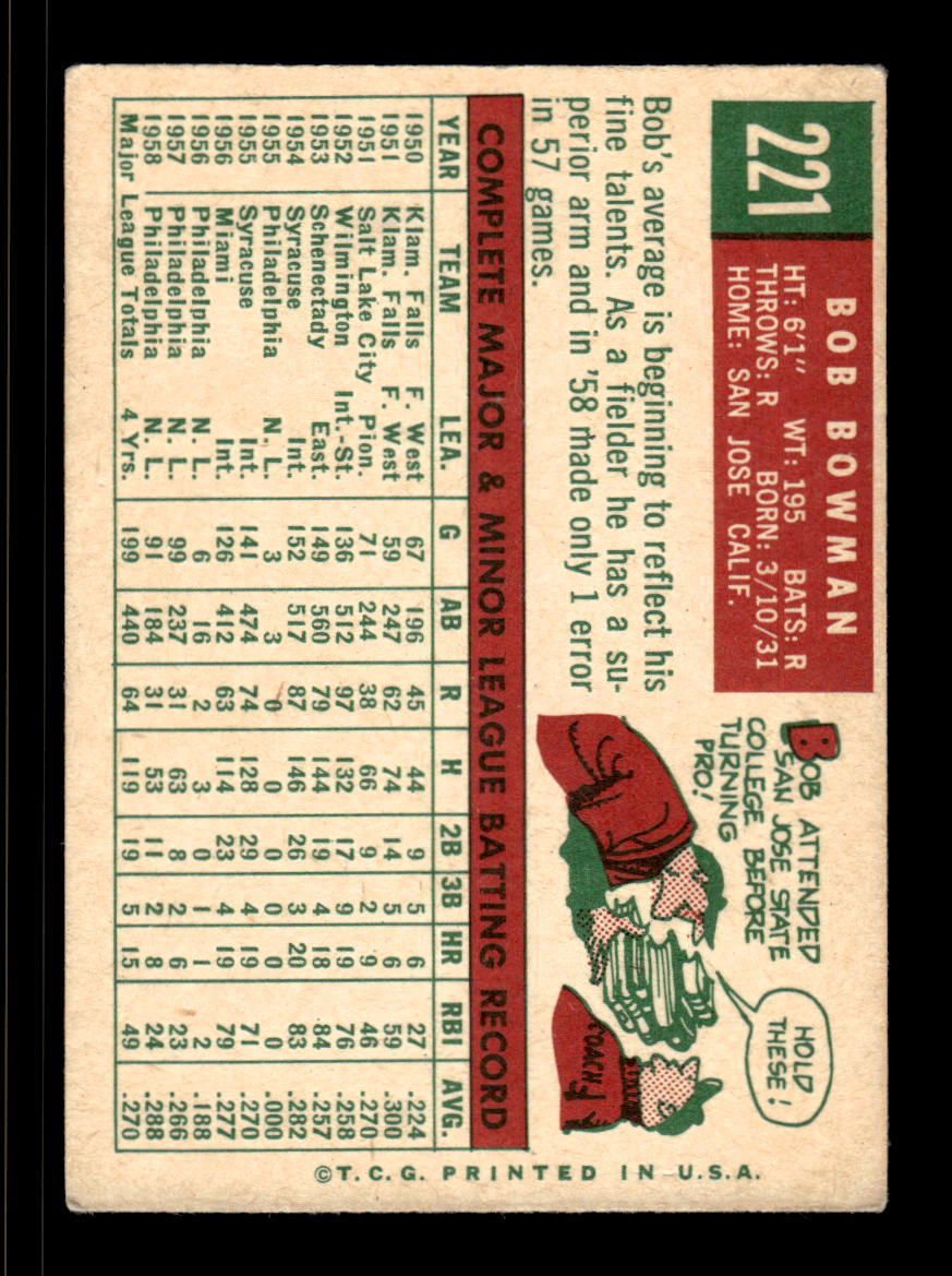 1959 Topps #221a Bob Bowman Philadelphia Phillies EX HOF10009296
