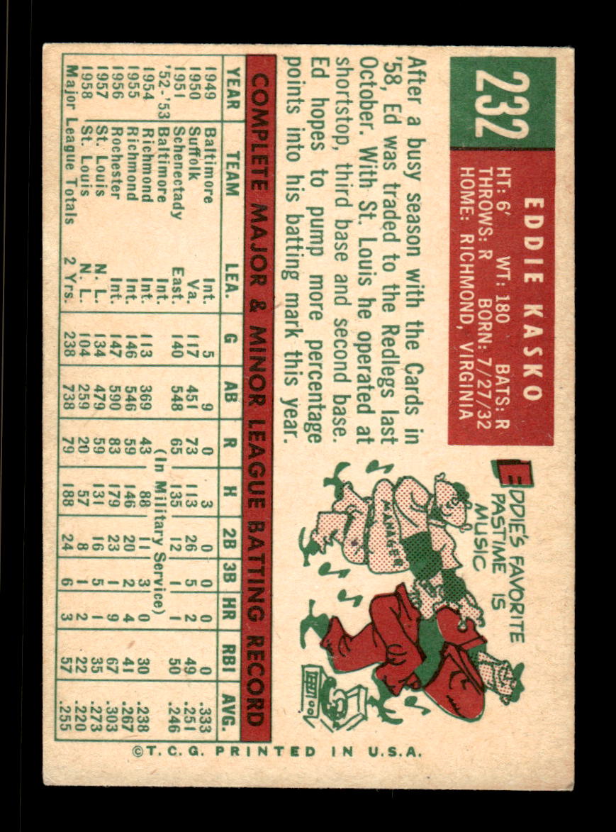 1959 Topps #232a Eddie Kasko Cincinnati Redlegs EX HOF10009306