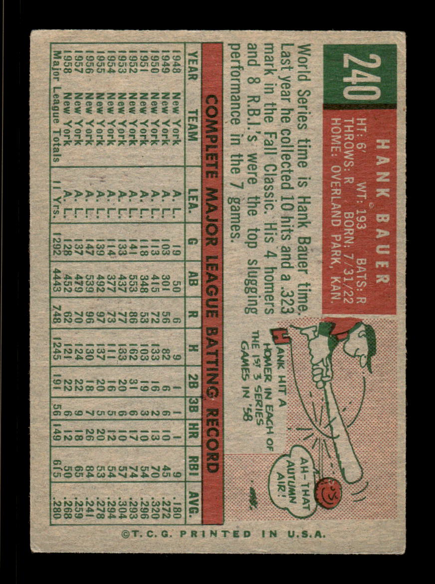 1959 Topps #240a Hank Bauer New York Yankees EX HOF10009314
