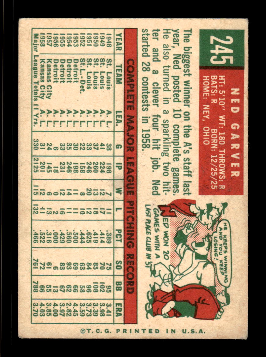 1959 Topps #245a Ned Garver Kansas City Athletics EX HOF10009319