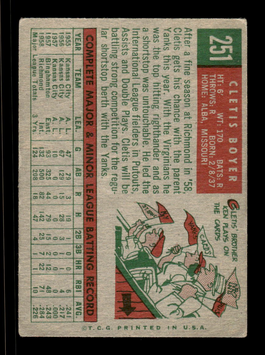 1959 Topps #251a Cletis Boyer New York Yankees EX HOF10009325