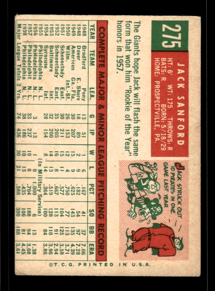 1959 Topps #275a Jack Sanford San Francisco Giants EX HOF10009349