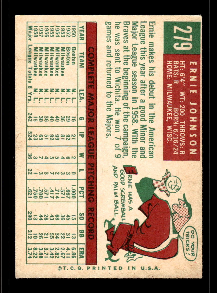 1959 Topps #279b Ernie Johnson Baltimore Orioles EX HOF10009353