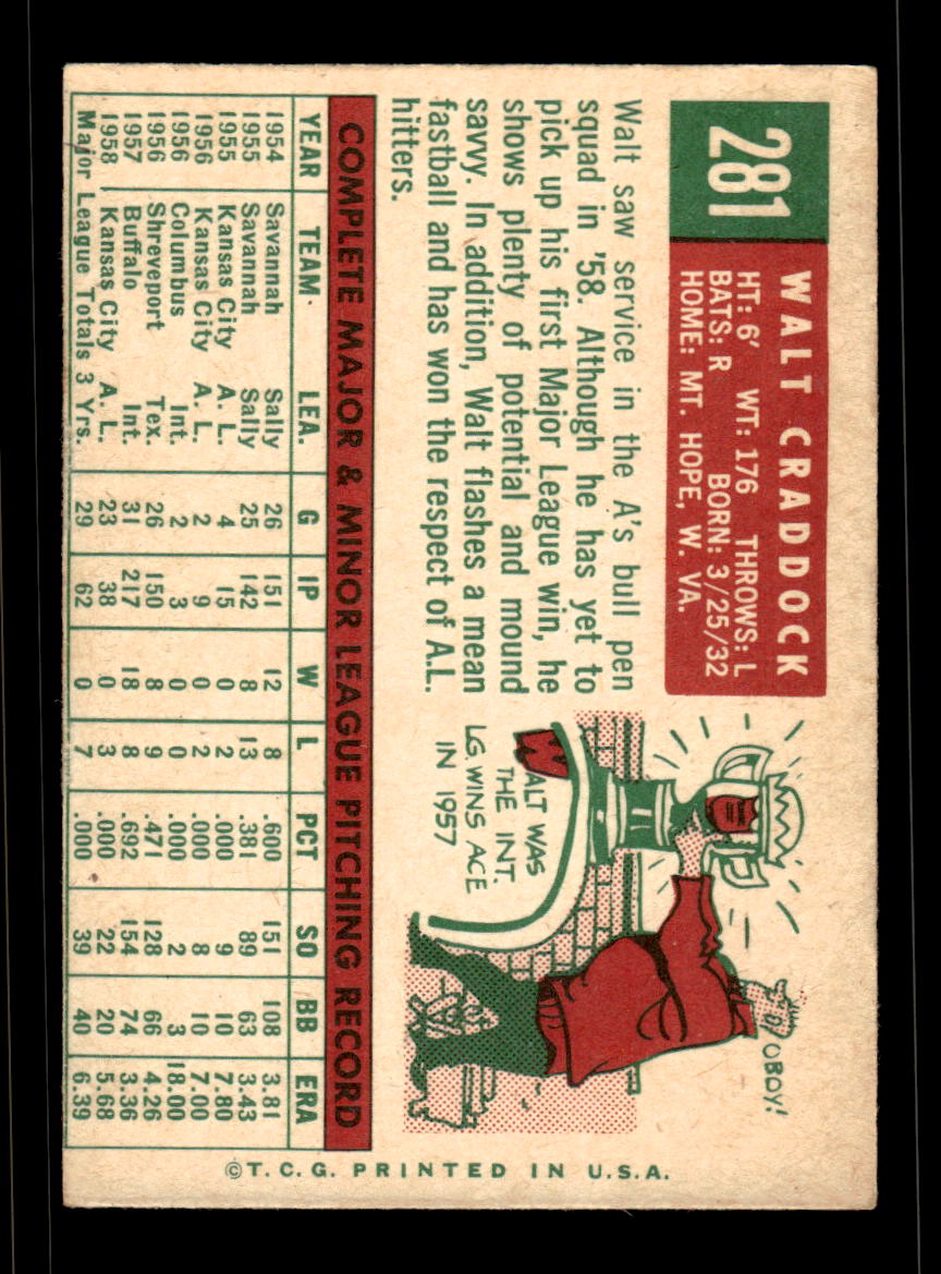 1959 Topps #281a Walt Craddock Kansas City Athletics EX HOF10009354