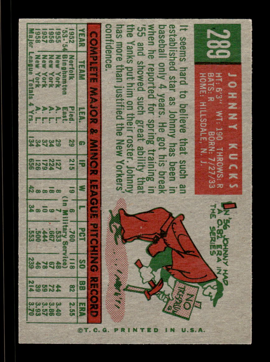 1959 Topps #289 Johnny Kucks New York Yankees EX HOF10009362
