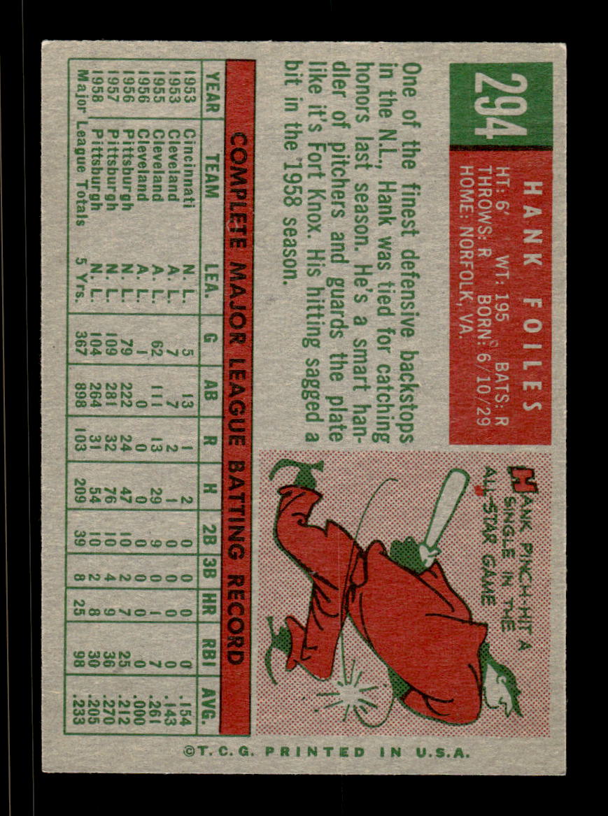 1959 Topps #294 Hank Foiles Pittsburgh Pirates NMT HOF10009366