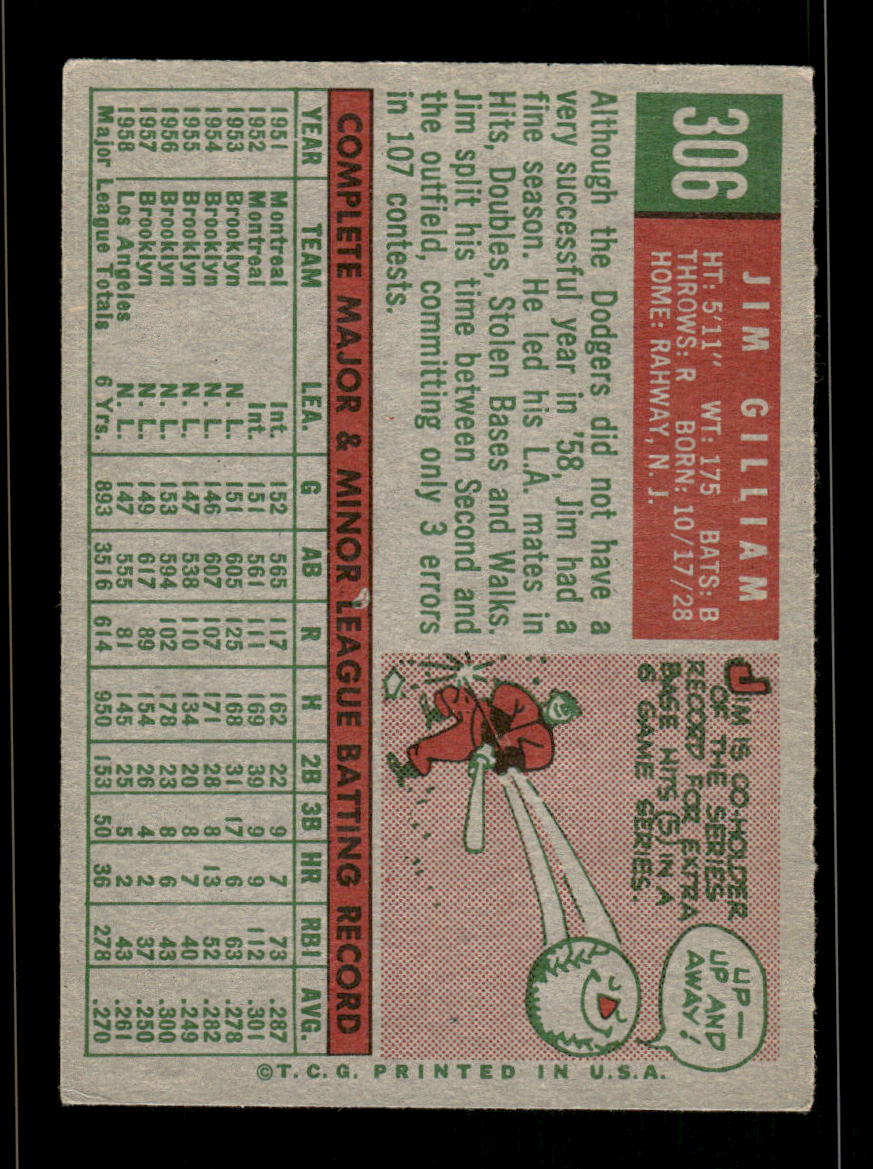 1959 Topps #306 Jim Gilliam Los Angeles Dodgers EX HOF10009376