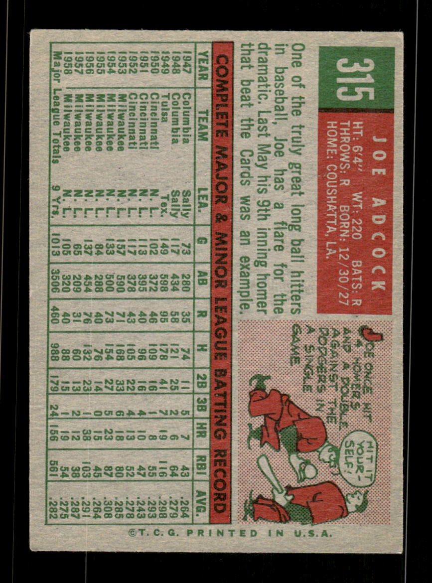 1959 Topps #315 Joe Adcock Milwaukee Braves EX HOF10009384