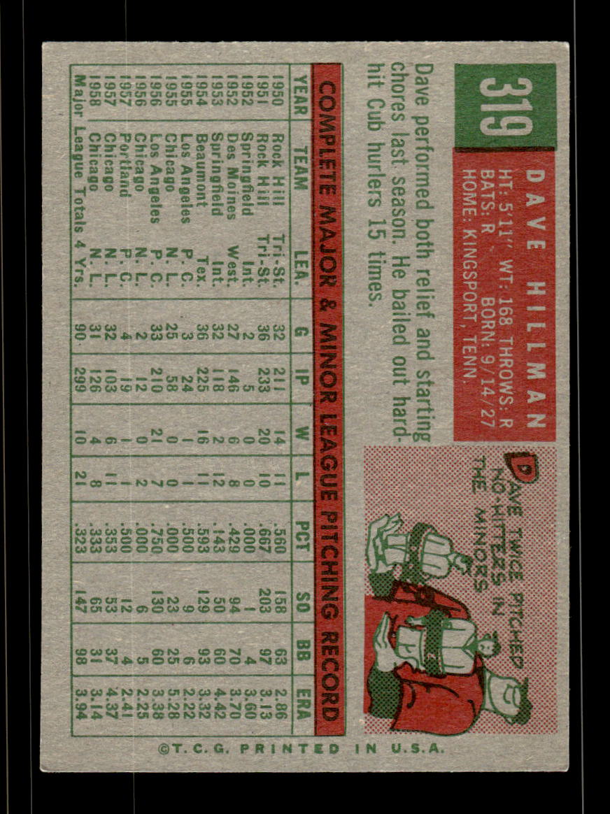 1959 Topps #319 Dave Hillman Chicago Cubs EX HOF10009387