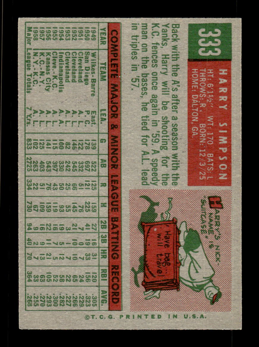 1959 Topps #333 Harry Simpson Kansas City Athletics EXMT HOF10009400