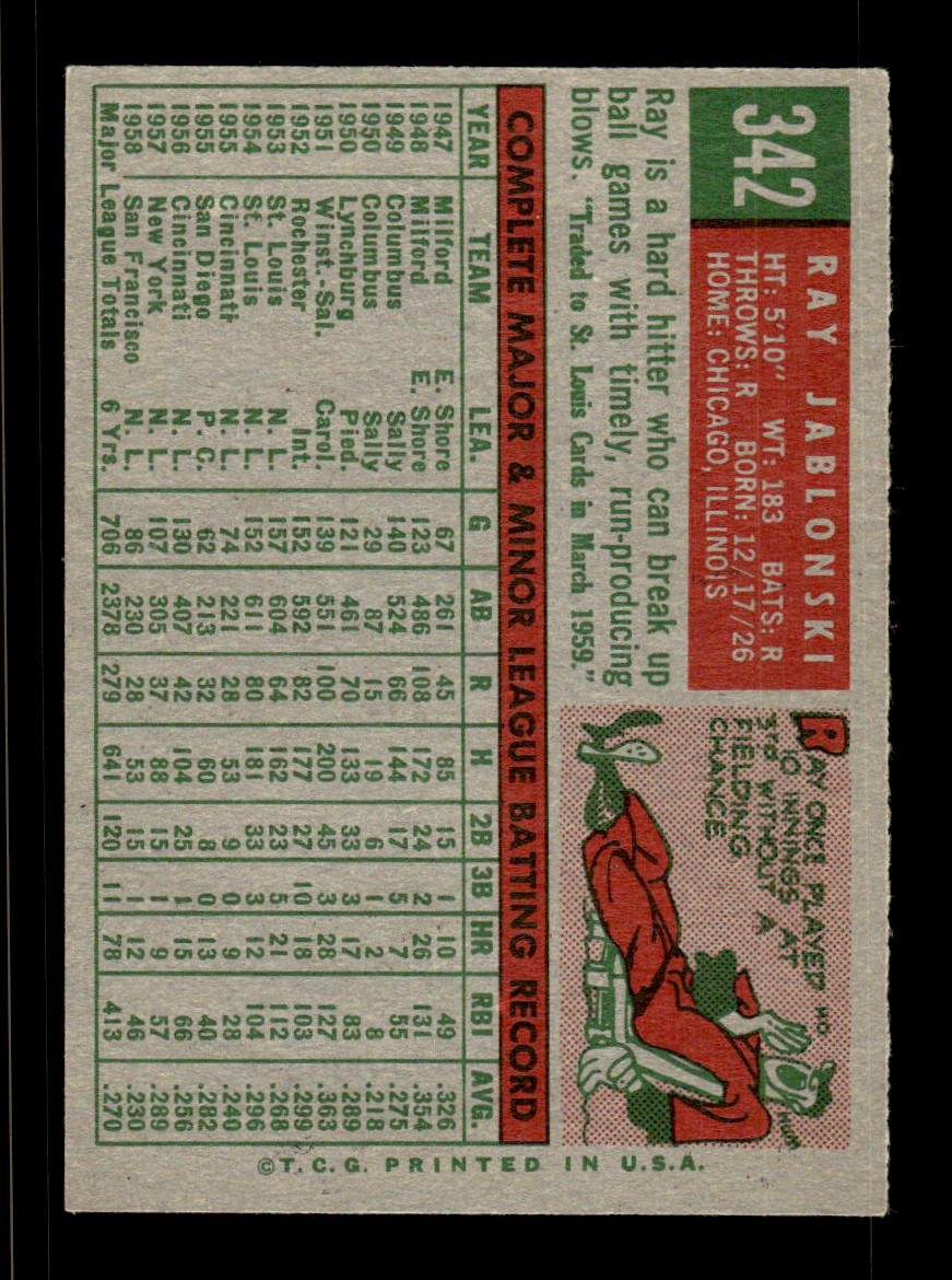 1959 Topps #342 Ray Jablonski San Francisco Giants EXMT HOF10009408