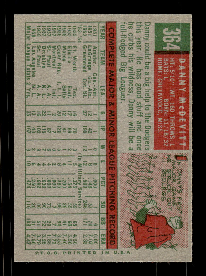 1959 Topps #364 Danny McDevitt Los Angeles Dodgers NMT HOF10009424