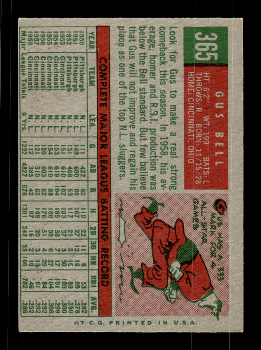 1959 Topps #365 Gus Bell Cincinnati Redlegs EX HOF10009425
