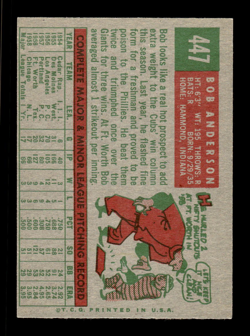 1959 Topps #447 Bob Anderson Chicago Cubs EXMT HOF10009439