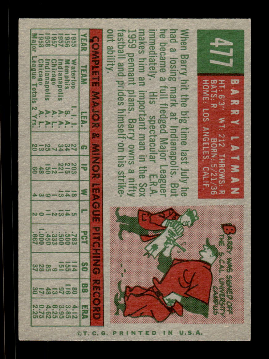 1959 Topps #477 Barry Latman Chicago White Sox EXMT HOF10009458