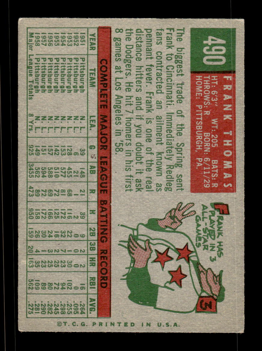 1959 Topps #490 Frank Thomas Cincinnati Redlegs EX HOF10009470