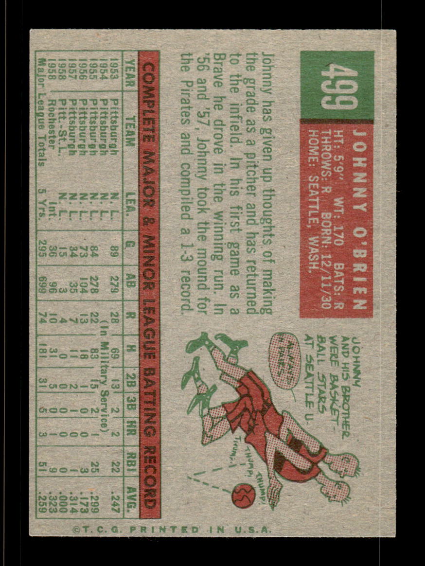 1959 Topps #499 Johnny O'Brien Milwaukee Braves EXMT HOF10009479