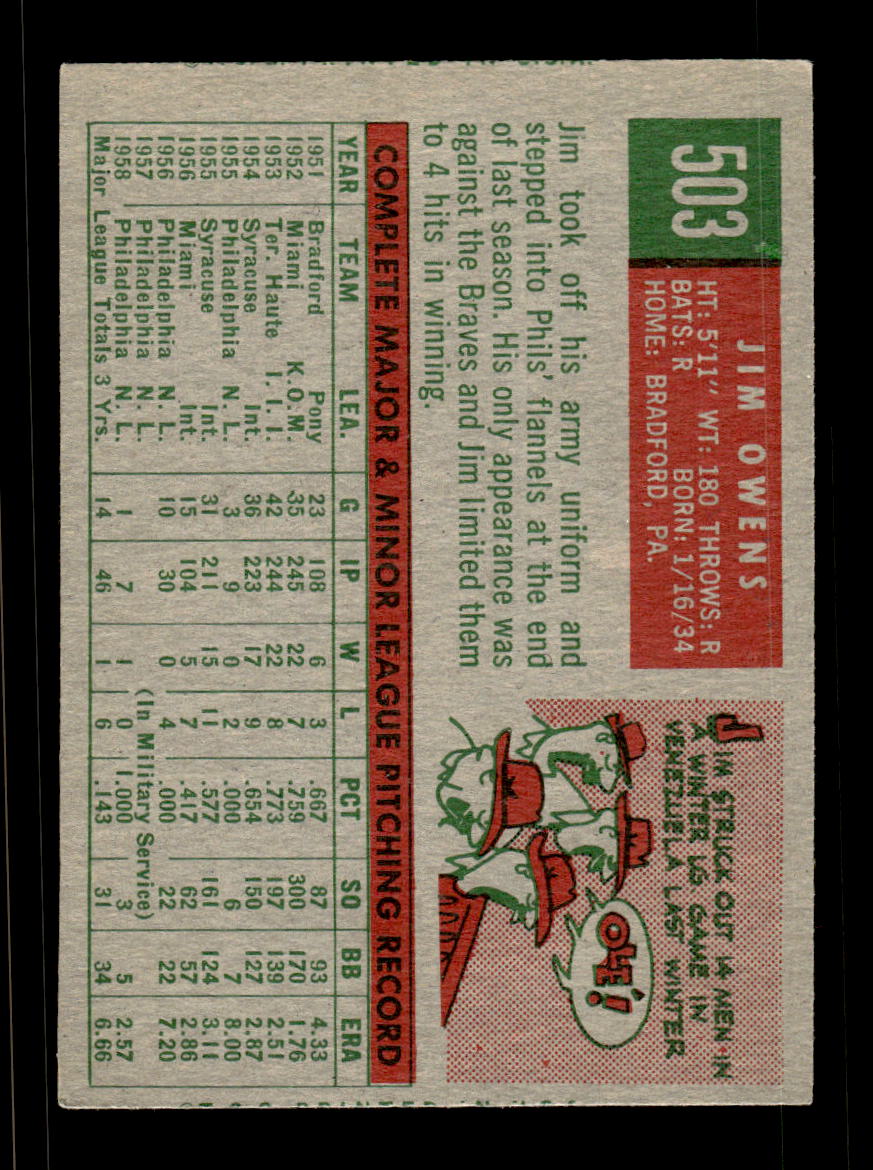 1959 Topps #503 Jim Owens Philadelphia Phillies EX HOF10009483