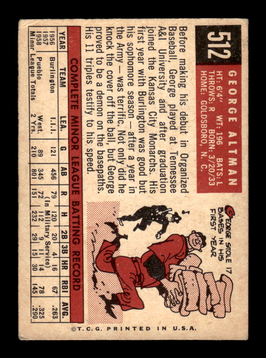 1959 Topps #512 George Altman Chicago Cubs VGEX HOF10009492