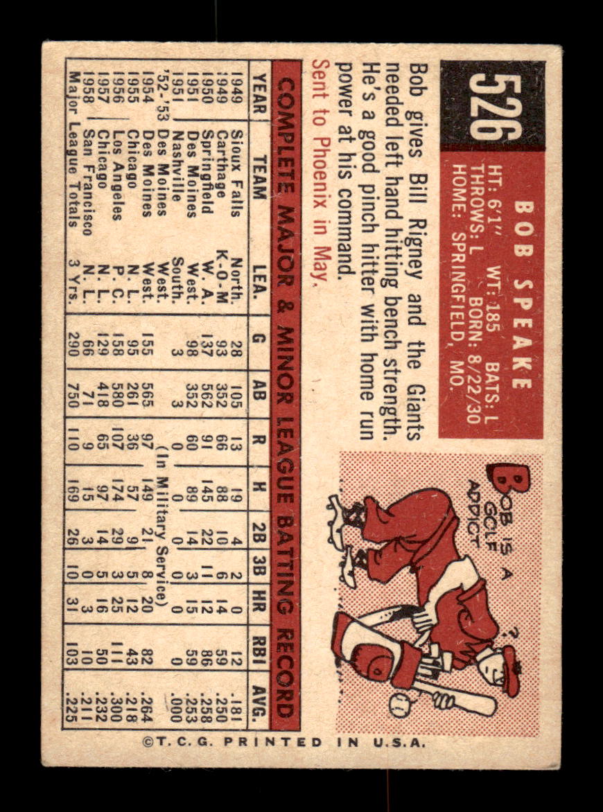 1959 Topps #526 Bob Speake San Francisco Giants EX HOF10009500