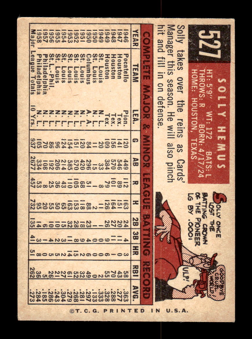 1959 Topps #527 Solly Hemus St. Louis Cardinals EX HOF10009501