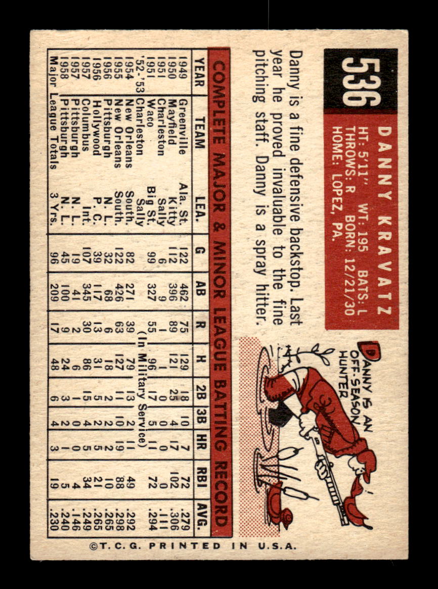 1959 Topps #536 Dan Kravitz Pittsburgh Pirates EX HOF10009509