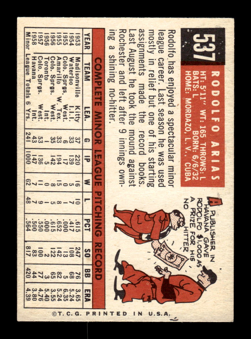 1959 Topps #537 Rodolfo Arias Chicago White Sox EXMT HOF10009510