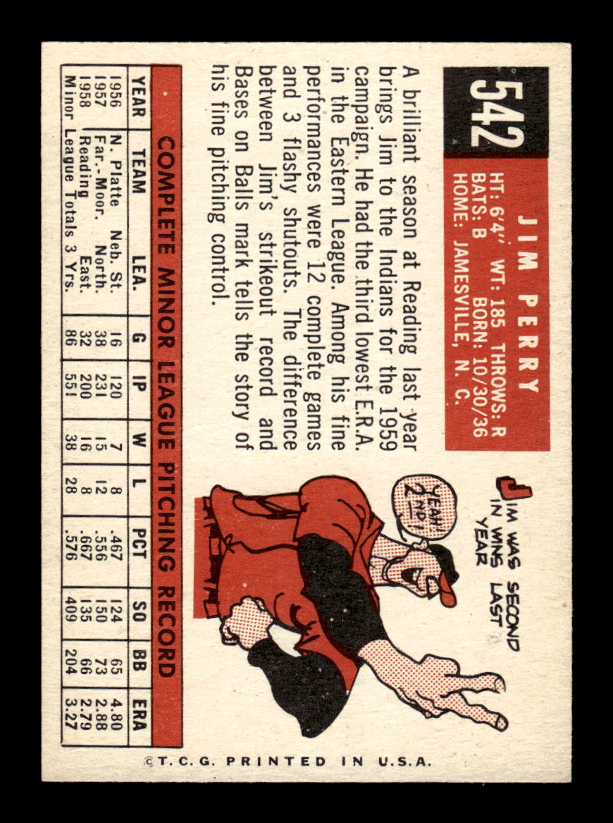 1959 Topps #542 Jim Perry Cleveland Indians NMT HOF10009514