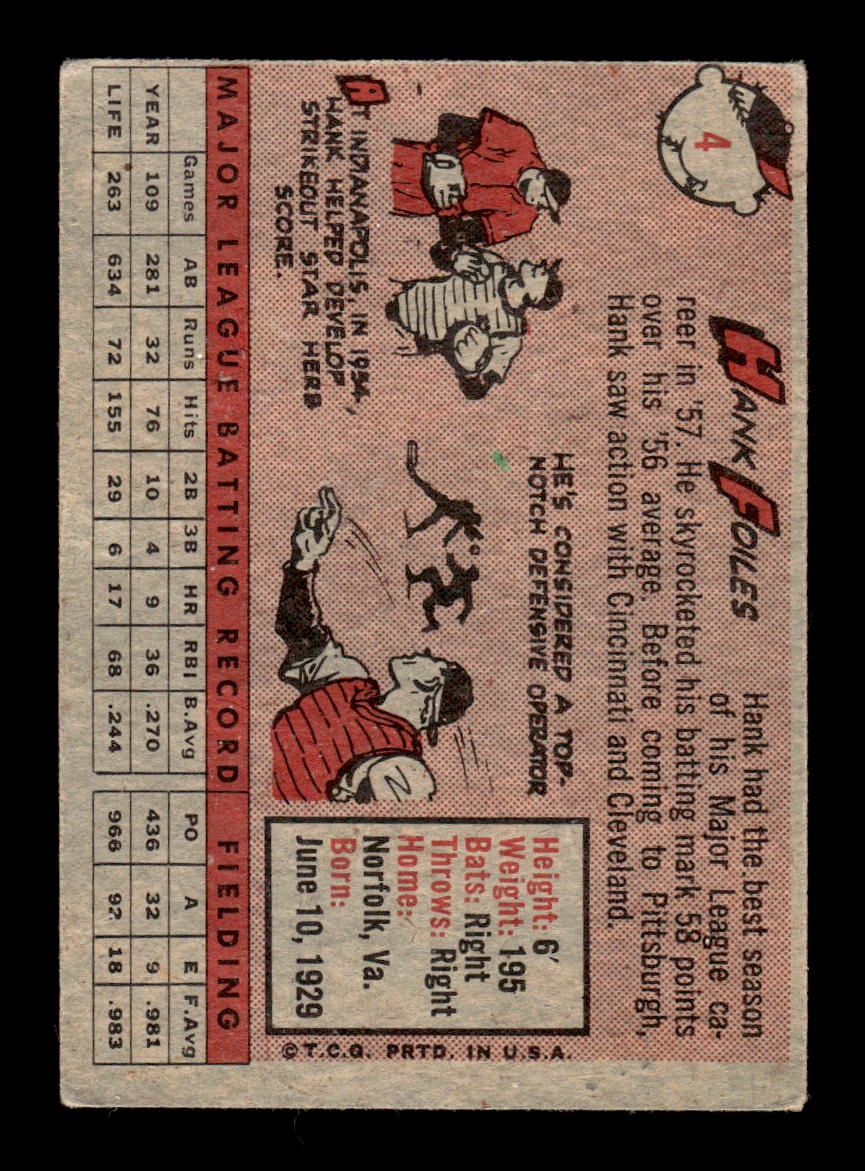 1958 Topps #4 Hank Foiles Pittsburgh Pirates VGEX KC10009537