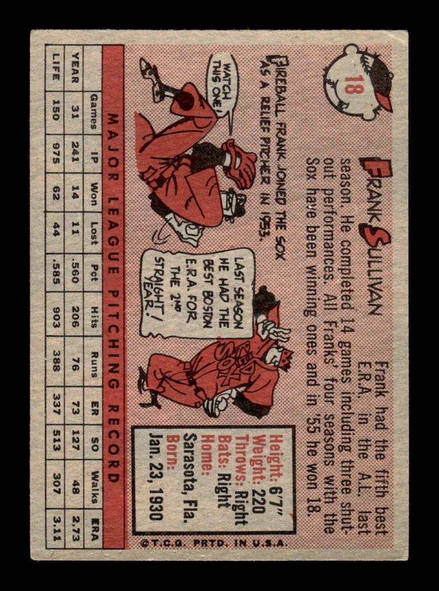 1958 Topps #18 Frank Sullivan Boston Red Sox EX KC10009548