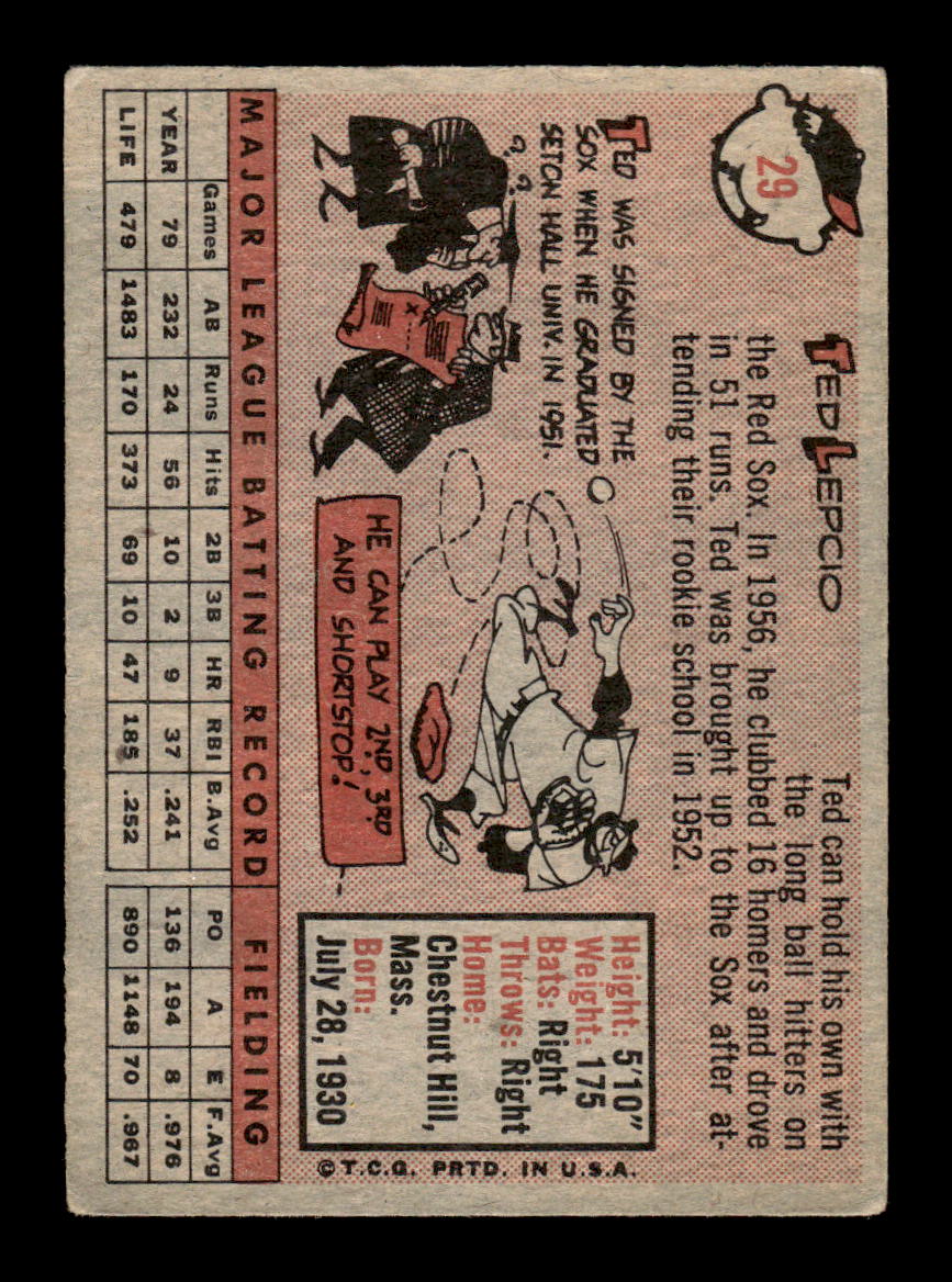 1958 Topps #29 Ted Lepcio Boston Red Sox EX KC10009558