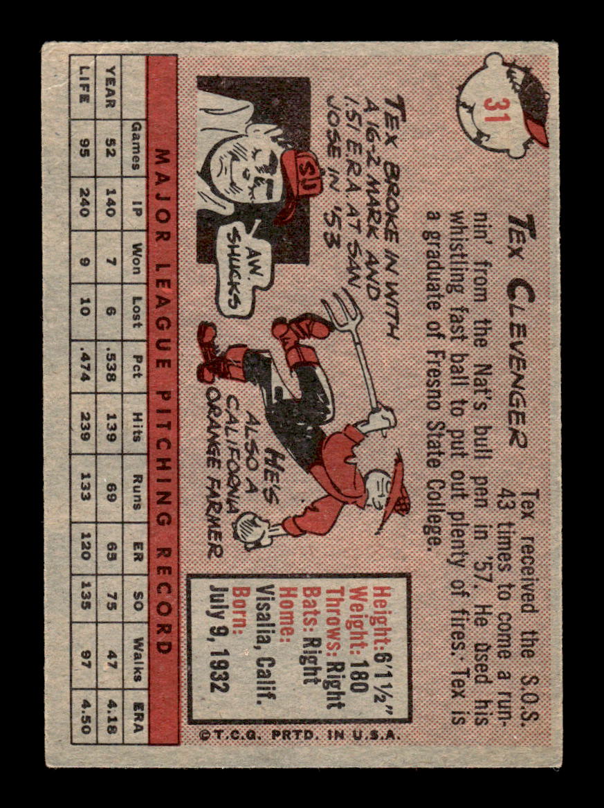1958 Topps #31 Tex Clevenger Washington Senators EX KC10009559