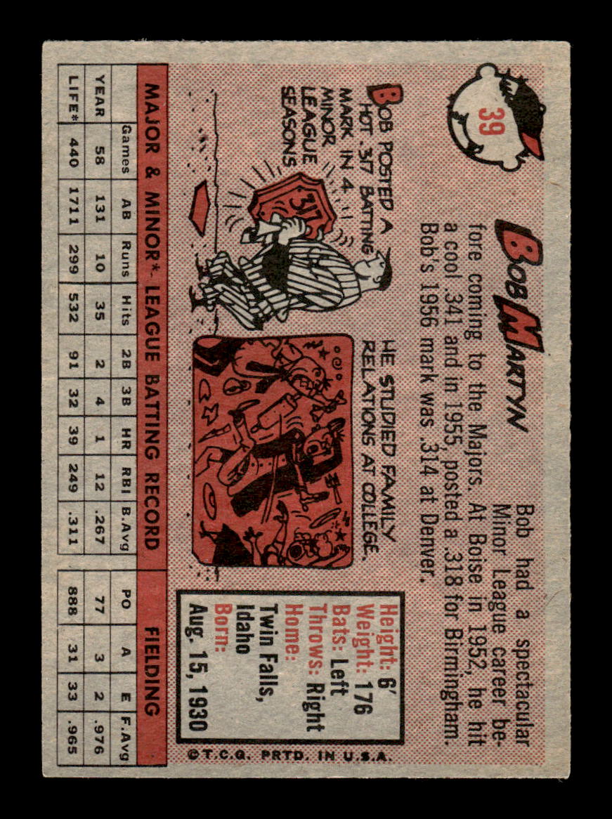 1958 Topps #39 Bob Martyn Kansas City Athletics EX KC10009567