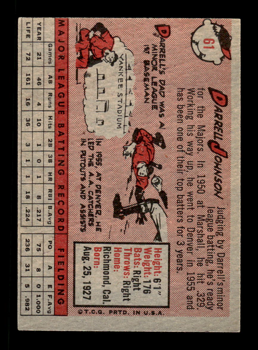 1958 Topps #61a Darrell Johnson New York Yankees EX KC10009587