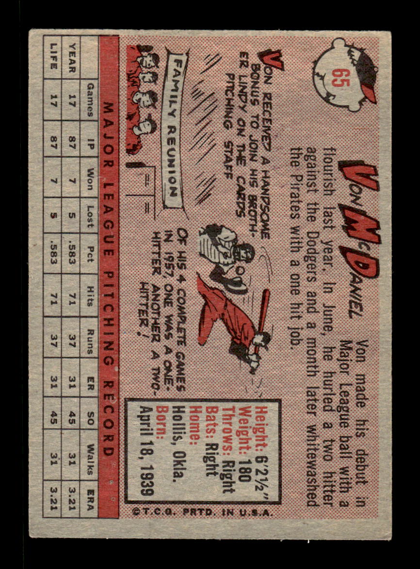 1958 Topps #65a Von McDaniel St. Louis Cardinals EX KC10009591