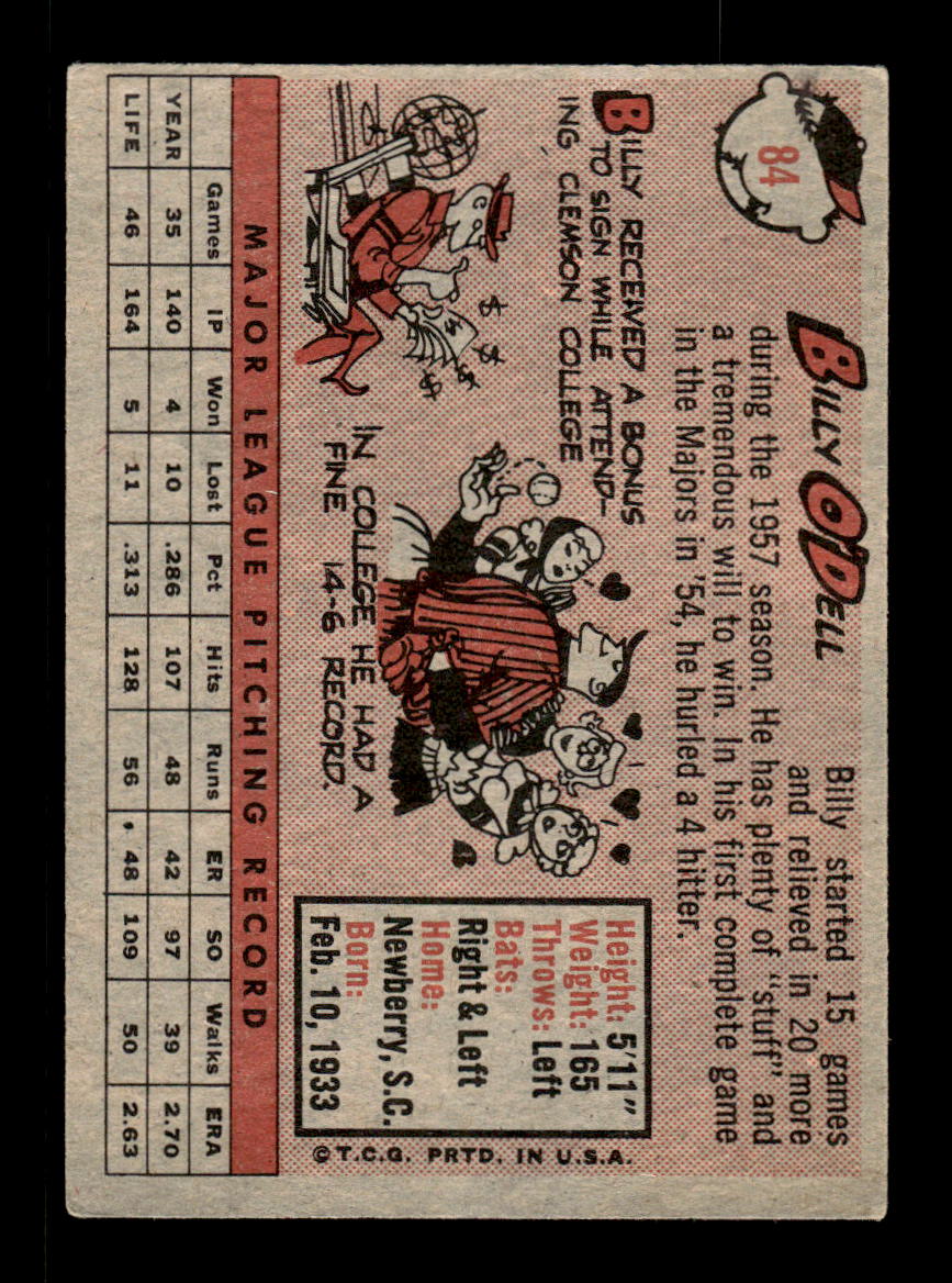 1958 Topps #84 Billy O'Dell Baltimore Orioles VG KC10009608