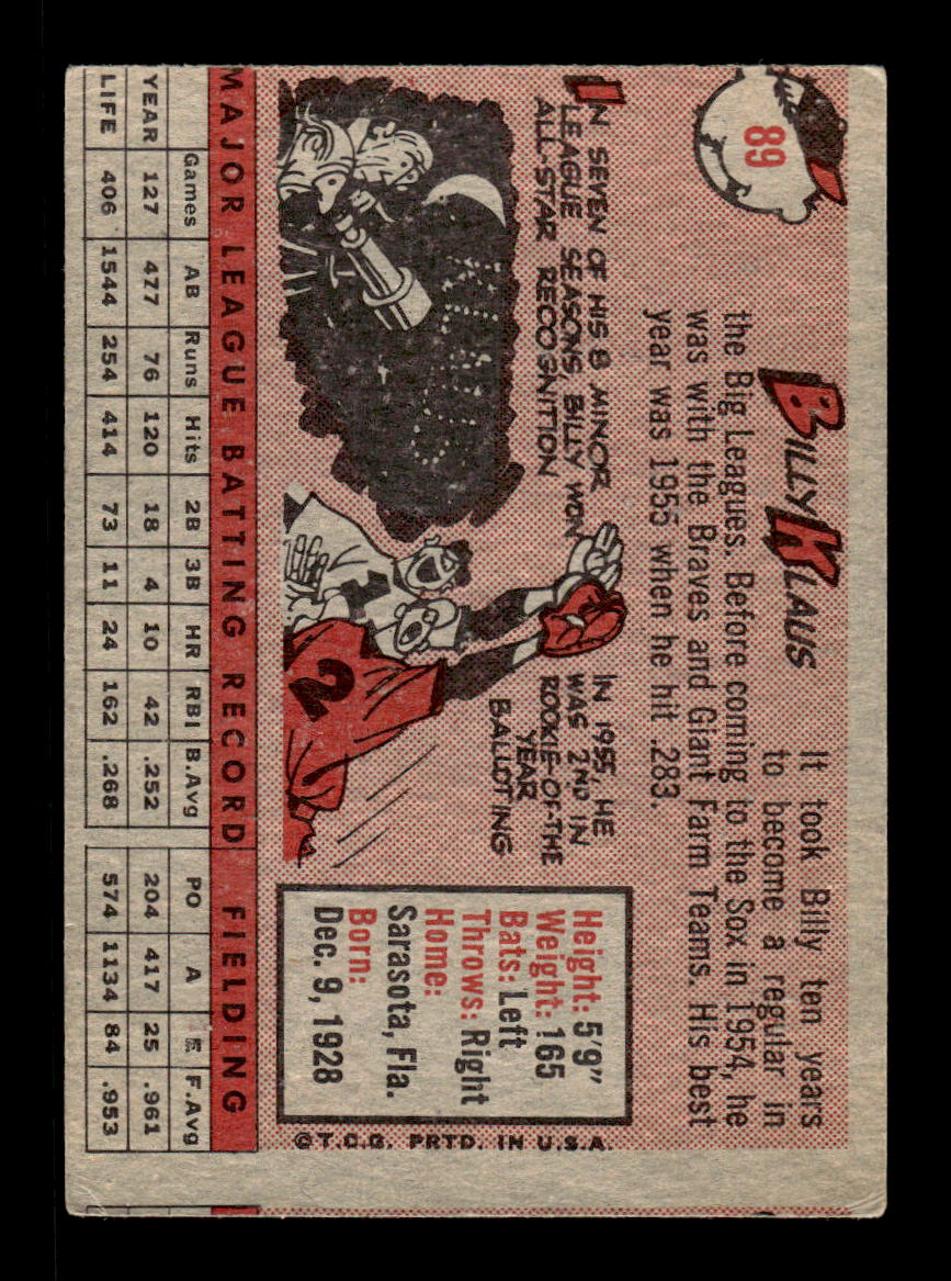 1958 Topps #89 Billy Klaus Boston Red Sox EX KC10009612
