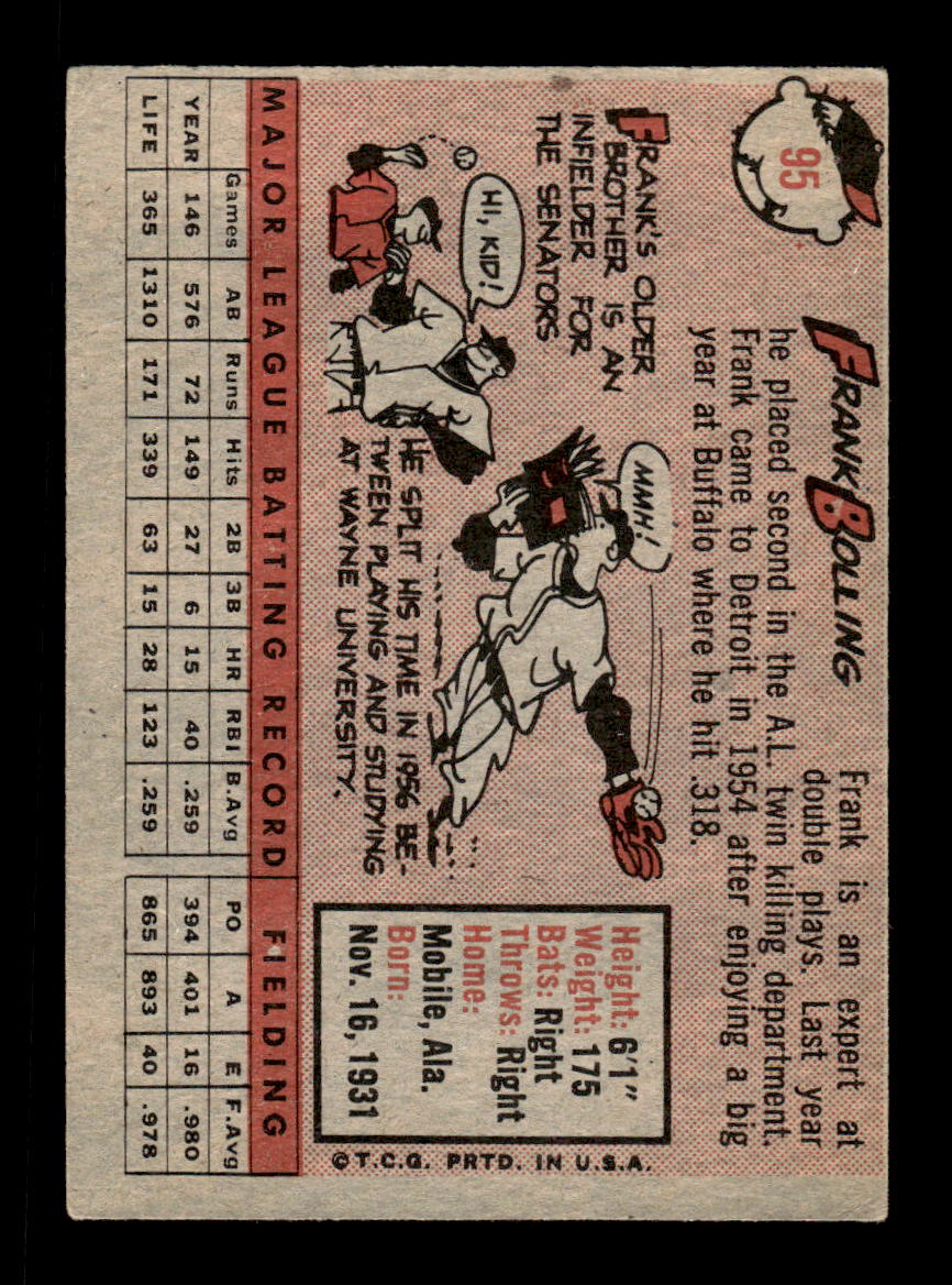 1958 Topps #95 Frank Bolling Detroit Tigers EX KC10009618