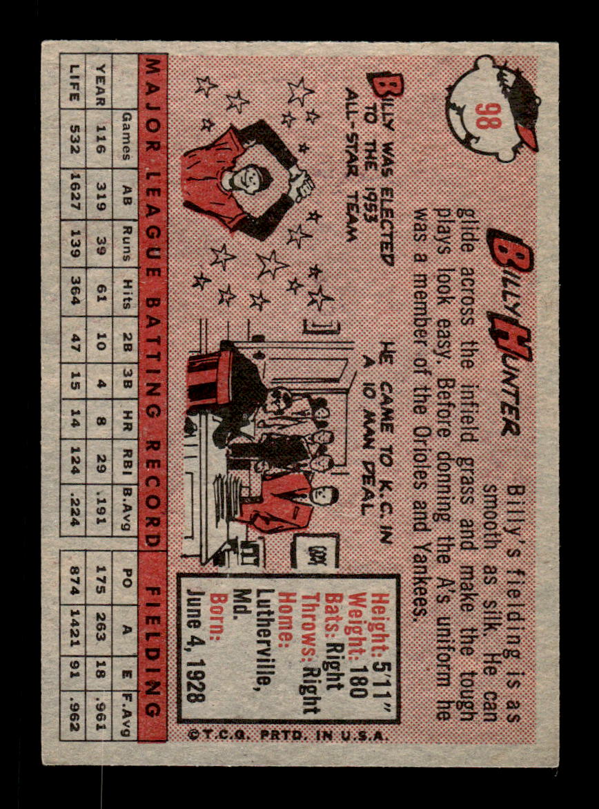 1958 Topps #98a Billy Hunter Kansas City Athletics EX KC10009620