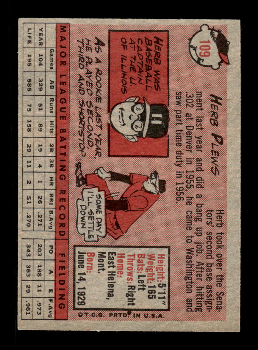 1958 Topps #109 Herb Plews Washington Senators EX KC10009630