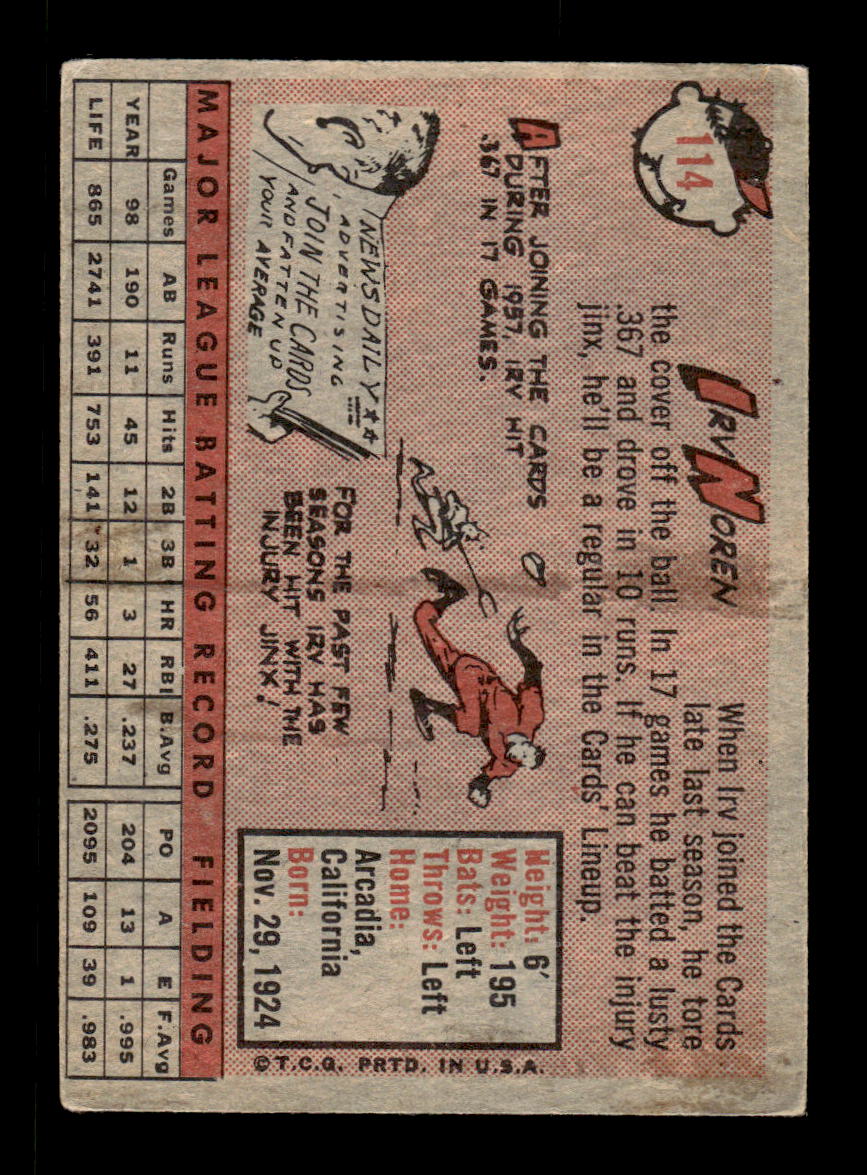 1958 Topps #114 Irv Noren St. Louis Cardinals EX KC10009635