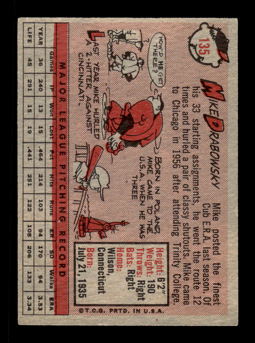 1958 Topps #135 Moe Drabowsky Chicago Cubs EX KC10009656