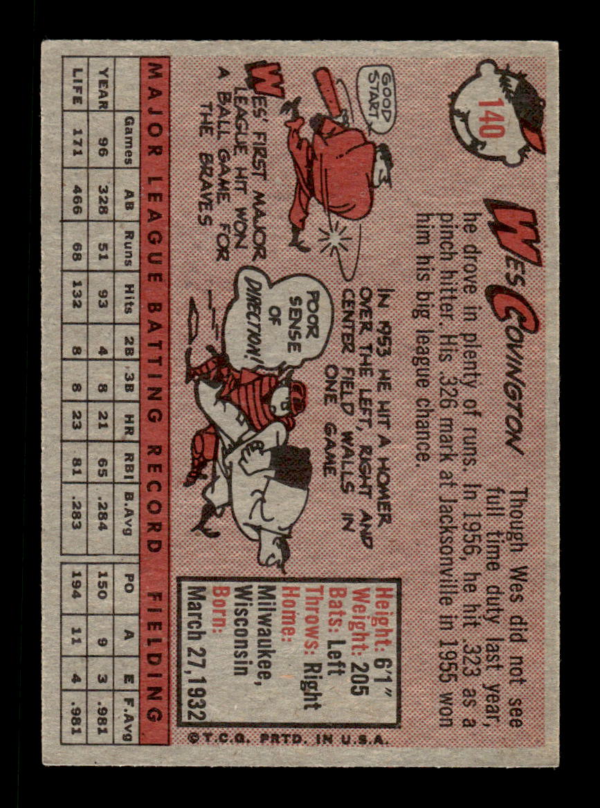 1958 Topps #140 Wes Covington Milwaukee Braves EX KC10009661