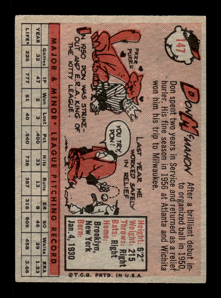 1958 Topps #147 Don McMahon Milwaukee Braves EX KC10009667