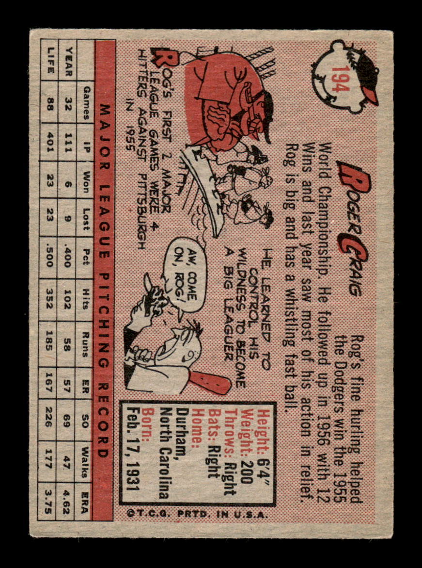 1958 Topps #194 Roger Craig Los Angeles Dodgers EX KC10009712