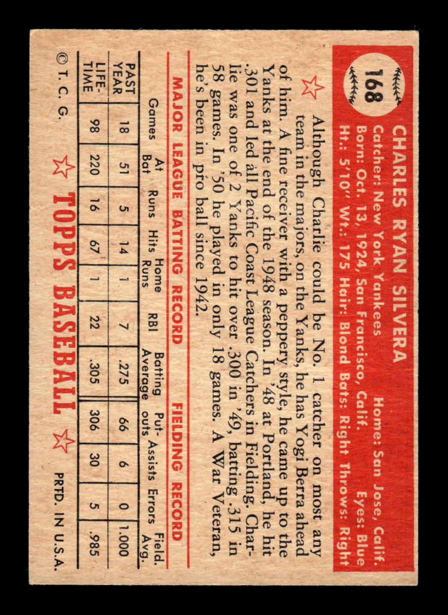 1952 Topps #168 Charlie Silvera New York Yankees VGEX HOF10009733
