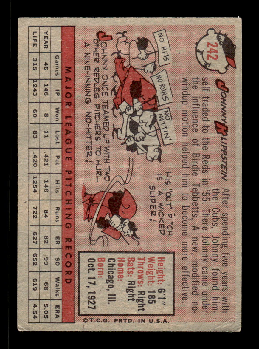 1958 Topps #242 Johnny Klippstein Cincinnati Redlegs VGEX HOF10009787