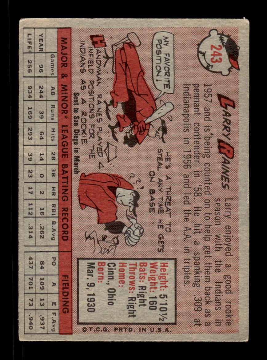 1958 Topps #243 Larry Raines Cleveland Indians VGEX HOF10009788